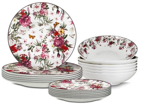ARCA, Set 18 Piatti Coordinati Victoria in Porcellana e Ceramica Decorata, Servizio per 6 Persone, con Piatti Fondi, Piani e da Dessert