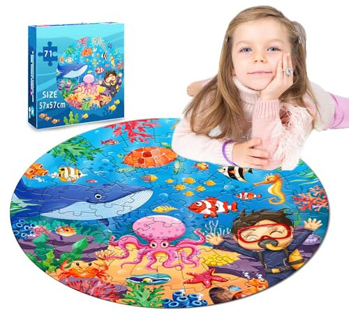 Bodenpuzzle für Kinder ab 3-8 Jahre, Unterwasserwelt Kinderpuzzle, 71 Teile Puzzle für Kinder ab 3 Jahren, Große Rundes Puzzle, Puzzle Geschenke für 3+ Jahre Jungen Mädchen