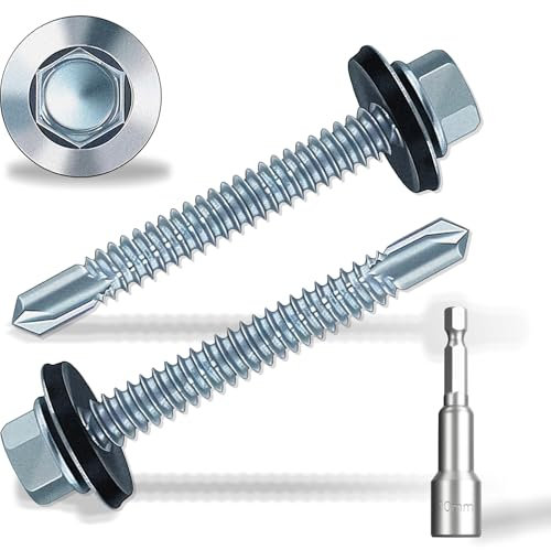 HXJDAM 60pcs Roofing Screws with Rubber Washers, 6.3x75mm Hex Head Self Tapping Screws, Tech Screw for Metal Zinc Plated Corrugated Roofing Cladding Steel Screw for Tin Roof