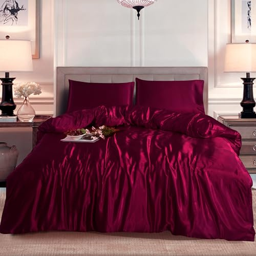 Hadi London Slik Satin Duvet Cover Sets - Luxurious Bedding with Zip Fastening - Soft and Breathable Quilt Cover with 2 Pillowcases - Available in Single, Double, and King Sizes (BURGUNDY, KING)