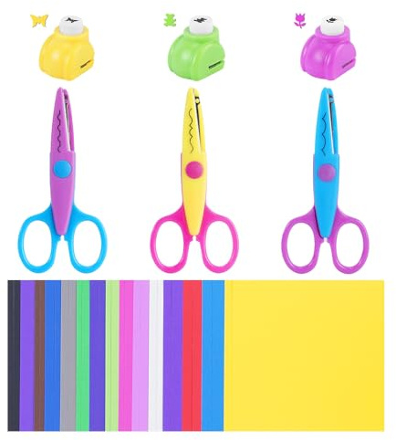 UCEC Bastelschere & Stanzer Set – mit 30 Cardstock, für DIY & Scrapbooking | 3 Zickzackschere, 3 Papierstanzer, 30 bunte Cardstock-Blätter, für Scrapbooking, Karten & kreative Bastelprojekte