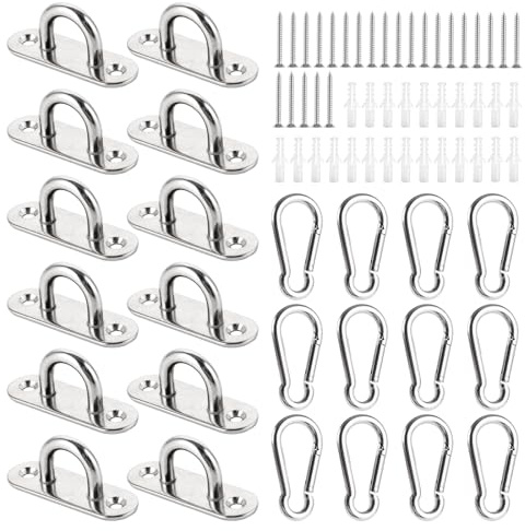 DAJAVE 6 piastre occhio in acciaio inox con occhiello e moschettone, piastra occhio M6 con occhiello per appendere oggetti, fissaggio a parete, tenda parasole, amache, moschettone in acciaio inox