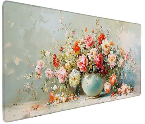 Tapis de Souris XXL 700x300x3MM, Tapis de Souris Gamer Blanc Tapis de Bureau Fleur Mouse Pad Antidérapant Étanche, Bords Cousus Tapis de Bureau Gaming pour la Bureau, Jeux, Maison Déco Cadeau O-4