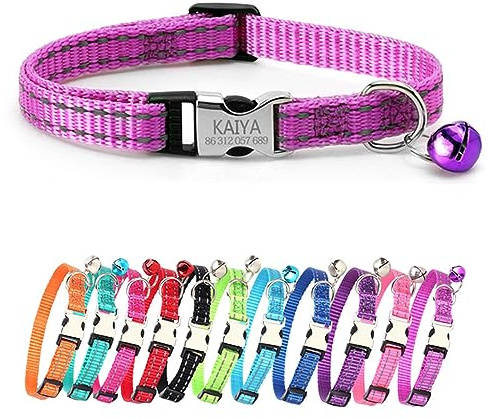 Reflektierendes Katzenhalsband, personalisierbar, mit Namen und Telefon graviert, Nylon-Katzenhalsband, verstellbare Größe und viele Farben sind erhältlich