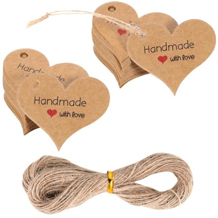 200pcs Handmade with Love Tags Heart-Shaped Small Gift Paper Labels with 66 ft String Brown Gift Labels with Natural Jute Twin Natural Jute Twin Home Made Crafts Wedding Favors Birthday Party Gifts