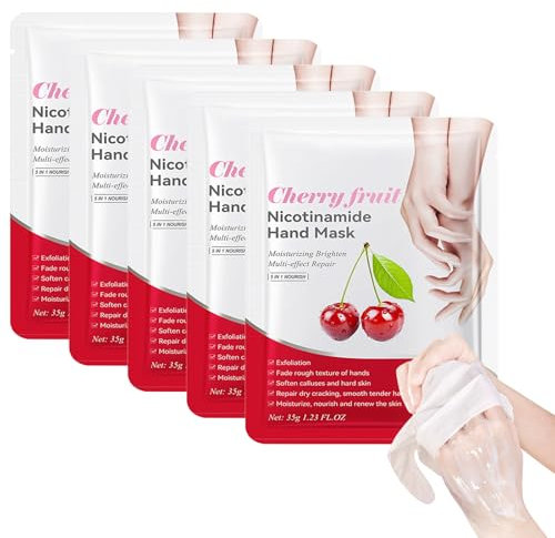 Hand Care Gloves, 5 Pairs Hand Mask with Cherry Extract Moisturising Gloves Softener for Rough Hands, Hand Care Hand Mask Skin Smoothing Effect, Dryness Prevention (Cherry)