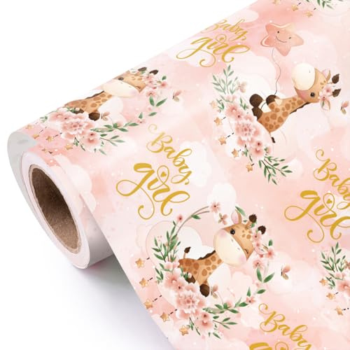 RUSPEPA Baby-Geschenkpapierrolle für Mädchen - Mini-Rolle - 43,2 cm x 10 m - Niedliches Giraffen- und Baby-Mädchen-Schriftzug-Design, perfekt für Babyparty, Party, Feiertag