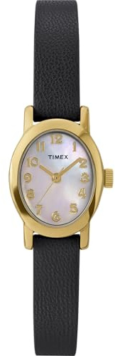 Timex - TW2W82600 - Main Street Montre pour Femme 18 mm avec Bracelet en Cuir Noir, Cadran Nacré, Boîtier Doré