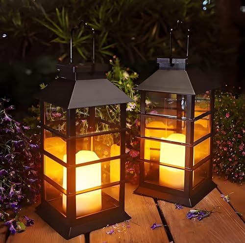 Yomistar Lampade da giardino a energia solare, 2 pezzi, IP44 impermeabili, effetti fiamma, candela, lanterne a sospensione, lampade da tavolo a energia solare, per esterni, lampade solari