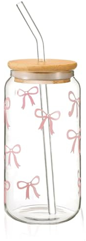 Vaso de 16 oz con tapa y pajita – Elegante diseño de arco, vaso versátil para matcha, café y cócteles, Clean Girl Aesthetic, perfecto para el hogar, la oficina y regalo (mujeres y niñas)
