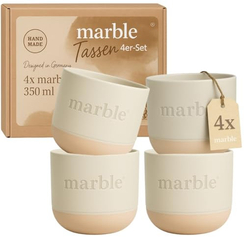 Marble ® Set di 4 tazze da cappuccino da 350 ml – tazze da caffè in porcellana grande – Design tazza jumbo – Tazza in gres fatto a mano lavabile in lavastoviglie