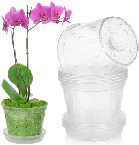 Kronabelle Vasi trasparenti per orchidee da 14 cm, con sottovaso, in plastica traspirante, per orchidee, piante grasse, piante da interno ed esterno