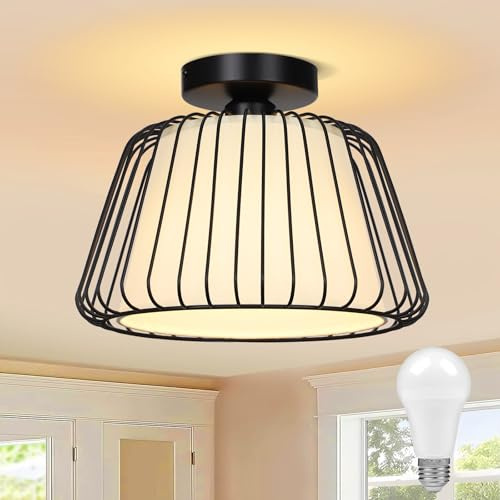 SERBASIC Deckenleuchte Schwarz Deckenlampe Led Dimmbar, Modern aus Metall E27 Deckenleuchte mit Stoffabdeckung, Deckenlampe Vintage Industrial für Küche Wohnzimmer Schlafzimmer Esszimmer