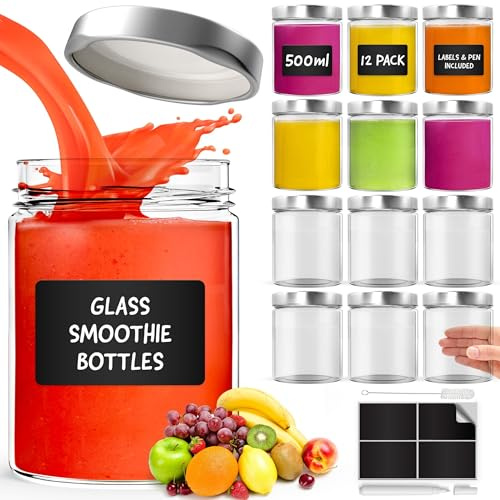 Glass Mason Jars with Lids 500ml - 12 Pack, Leakproof Glass Bottles with Lids for Airtight Seal, Drinking Bottle Ideal for Smoothies, Milkshakes, Sauces, Food Storage, Juices, Beverages, Infused Water