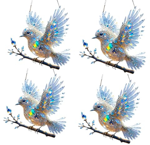 4 Pc Kristall Bluebird Gefärbte Kunst-Ornament, Vogel Schmuck, 2025 Neue Gebeizte Dekoration Hängende Kristalle Für Fenster, Vögel Auf Einem Zweig Sun Catcher, Sonnenfänger Kolibri 2D Acryl Deko