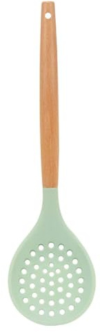 Silicone Skimmer Spoon, Non-Stick Silicone Slotted Skimmer Spoon, with Heat-Resisting Comfortable Wooden Handle, Durable Draining Spoon for Kitchen Cooking, Vegetables, Meat, 12.6 Inch(1pc, Green)