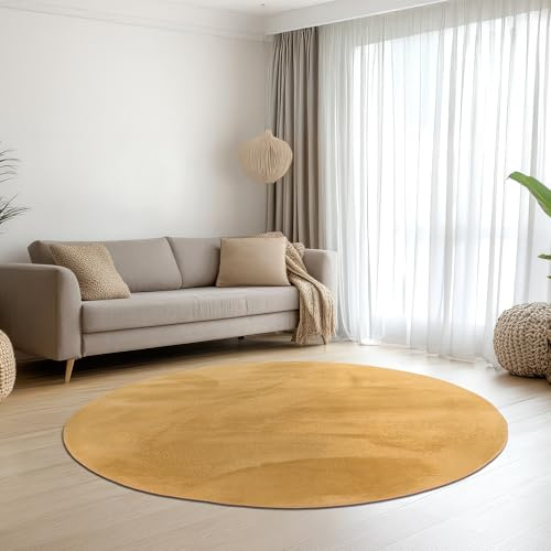 Teppich-Traum Teppich Wohnzimmer Schlafzimmer Kurzflorteppich Hasenfell Kunstfell Optik seidig weich samtig schimmernd pflegeleicht einfarbig Gold 160 cm rund