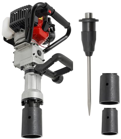 OUKANING Benzin Zaunpfahlramme mit φ55 mm φ70 mm Hülsen & Meißel - Rammgerät mit 32.7cc Motor, Pfostenramme Rammgerät 1000W, 2230BPM, Pfahlramme 25-50J Schlagkraft für Zaunbau, Garten & Erdbohrungen