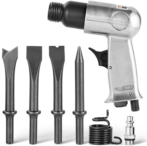 NYXOVA Kit de martillo de aire de 150 mm, martillo neumático de barril corto de 4500 BPM con retenedor de cambio rápido y 4 cinceles, herramienta de cincel de aire resistente para trabajos de