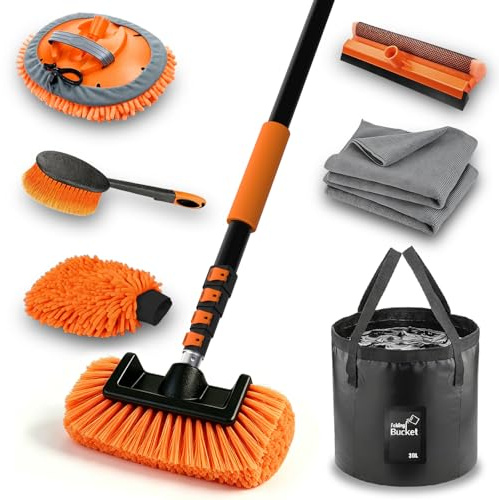 SISUPASSIE 4,8 m cepillo de lavado de coche con mango telescópico, cepillo de lavado con cerdas suaves, rascador de ventanas, fregona de microfibra, cepillo para llantas, guante de lavado para