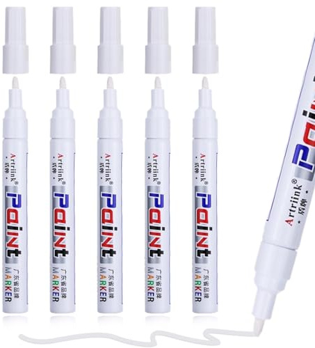 GMHLLES 5Pcs White Paint Pen, Waterproof Permanent Marker Pen, 2-3mm Quick Drying Oil Based Paint Pens for Rock Painting, Tyre, Fabric, Wood, Metal, Plastic, Glass, Leather, DIY Craft