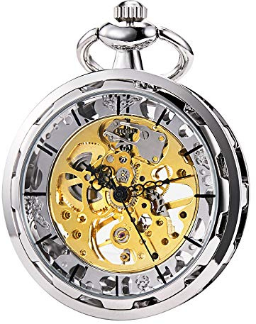TREEWETO - Orologio scheletrato da uomo da tasca con catena, analogico, con carica manuale, movimento aperto