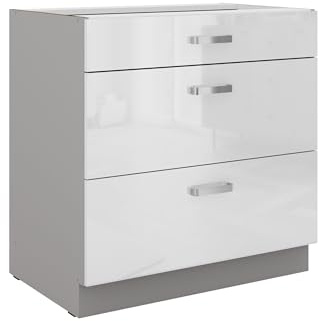 Küchen Unterschrank 80 Bianca Weiss Hochglanz + Grau Vollauszug Soft-Close
