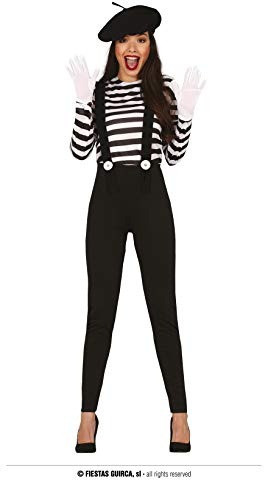 FIESTAS GUIRCA | Damen Mime Kostüm - Shirt, Hut, Hose und Träger - Clown- und Künstler Kostüme für Halloween, Karneval und Kostümpartys - Ideal für Erwachsene - Schwarz und Weiß