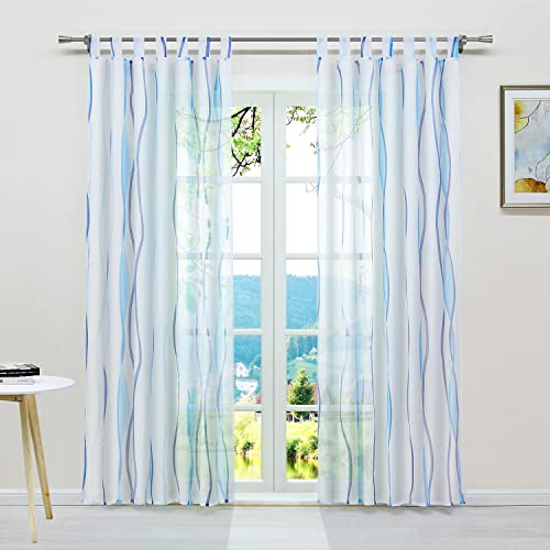 ESLIR Gardinen mit Schlaufen Vorhänge Gardinenschals Transparent Schlaufenschal Wellen Muster Voile Blau BxH 140x245cm 1 Stück