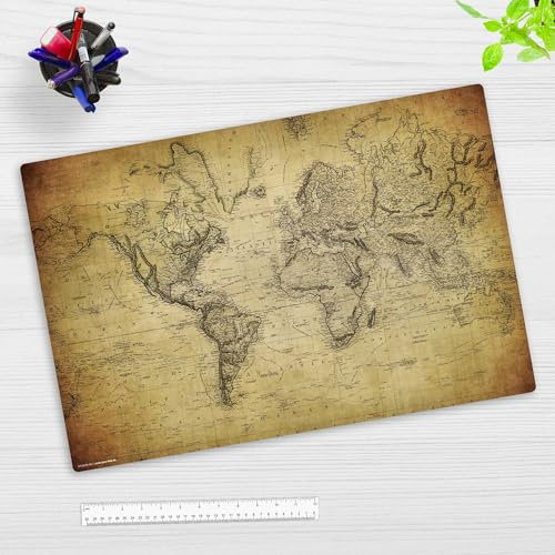 Schreibtischunterlage Kinder und Erwachsene – “Weltkarte alt vintage“ – aus erstklassigem Vinyl (Kunststoff) – 60x40 cm – Rutschfeste Schreibunterlage – Made in Germany