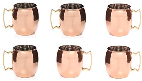 TreegoArt Lot de 6 tasses Moscow Mule en cuivre pur et acier inoxydable plaqué cuivre avec poignée en laiton – 450 ml