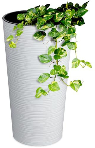 KADAX Pflanzkübel mit Innentopf Weiß Ø 25 cm, Höhe 47 cm – Moderner Pflanztopf mit Einsatz, Blumentopf aus robuster Kunststoff für Innen- und Außenbereich, ideal für Wohnzimmer, Balkon, Büro
