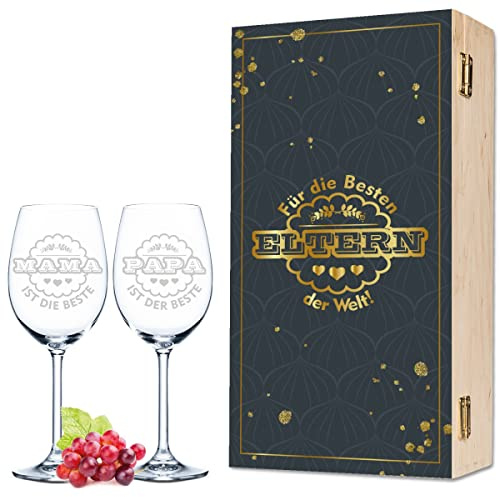 Leonardo - Bicchieri da vino Mama ist die Beste & Papa ist der Beste im Set – Regalo per mamma e papà – Festa della mamma e del papà – Regalo per genitori, colore piccola scatola UV