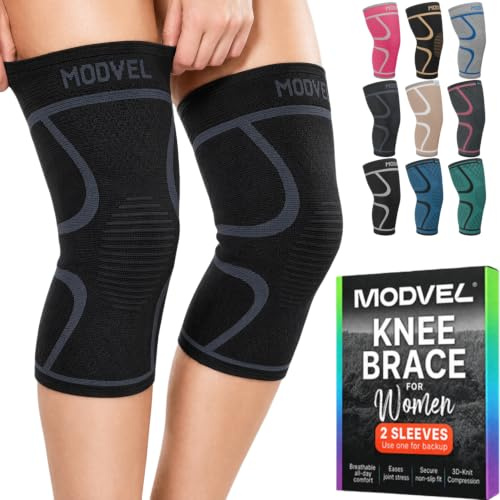 Modvel 2 Pack Knee Brace for Women & Men - Workout Knees Compression Sleeve for Knee Pain Relief Joint Support for ACL, Arthritis, Meniscus Tear Knees Brace for Sports, Rodilleras para Gym Fitness