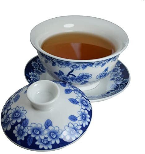vv8oo Gaiwan 6oz Teacup Chinese Gongfu Tea Set Blue and White Porcelain Tea Cups Ceramic Tureen Teacup Sancai Cover Bowl with Lip Saucer Love of Butterfly (Love of Butterfly)