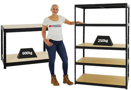 PROREGAL Mega Deal | 1x Schwerlastregal Big Elephant M HxBxT 180x120x60cm & 1x Höhenverstellbare Werkbank Slim Dino HxBxT 90x120x60cm | Fachlast bis zu 600kg | Schwarz