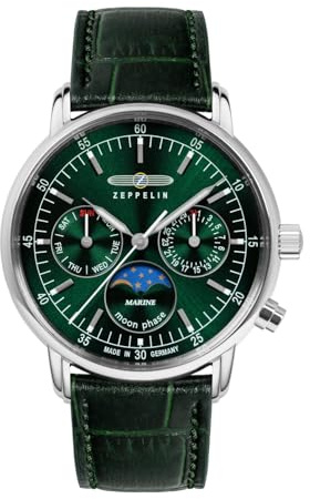 Zeppelin Damenuhr LZ 14 Marine Mondphase mit Kroko Look Lederband Grün 8635-4