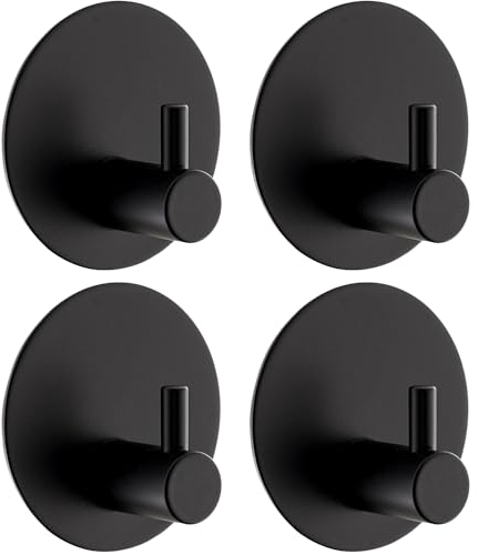 Klebehaken Extra Stark 4 Stück, Klebehaken Badezimmer Ohne Bohren Mit Klebepads Haken Selbstklebend Edelstahl SUS 304 Runde Haken Wasserdicht Handtuchhaken Haken Für Bad Toilette Küche (Schwarz)