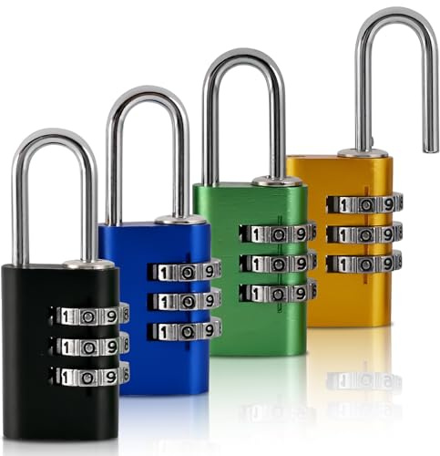 Cieex Lot de 4 Cadenas Code 3 Chiffres pour Casier Scolaire | Petit Cadenas en Aluminium Léger, Etanche pour Usage Extérieur, Convient Aussi pour Valise, Gymnase, Sac à Dos