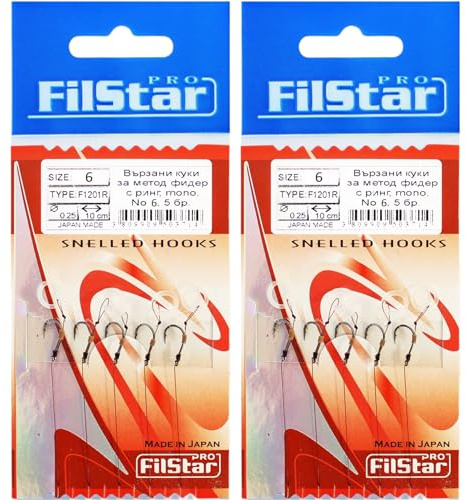 PRO FILSTAR Angelhaken Set für Method Feeder 10 STK N6 Vorfach Monoschnur | 10cm, DIA 0,25mm - Angeln Karpfen Zubehör - Ringhaken für Pellets - Ring Hook - Karpfen Rig Haken Set - Sport Set