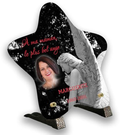 FUNELIOR - Plaque funéraire personnalisée - forme étoile - thème Ange - dimensions (22x 22 cm) - altuglas - texte et photo- support pieds bronze inclus……