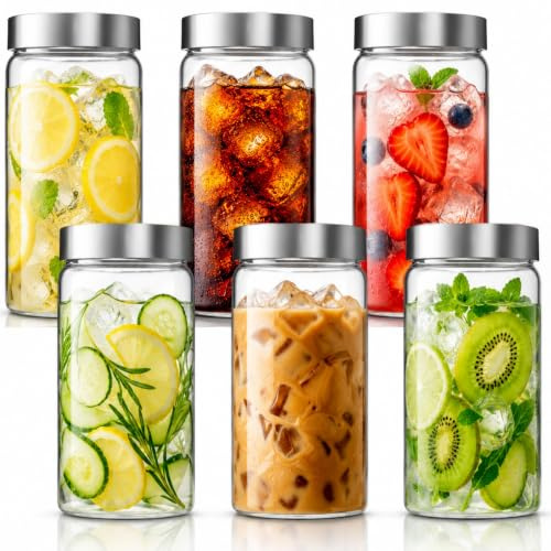 volila 6er Glasflaschen 750ml mit Edelstahl Deckel, Smoothie Flasche, Wiederverwendbar Glaswasserflasche, Smoothie Becher to go für Säfte, Smoothies, Glasflaschen zum Befüllen