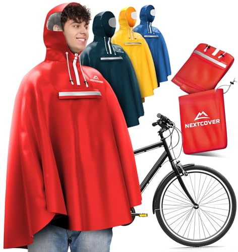 NEXTCOVER Ny regnponcho cykel för kvinnor och män – med [AquaShield 2.0] teknik I regnponcho vandring, cykel regncape, ängel poncho, regnponcho män, regncape dam vattentät cykel, röd, L