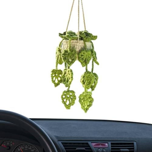 Mxshc Pflanze Hängekorb Für Auto, Handgemachte Gehäkelte Topfpflanze Auto Hängepflanze Gefälschte Hängepflanze Mit Topf, Auto Hängende Ornament Für Auto Rückspiegel Innen Dekoration