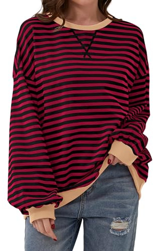 Timuspo Lange Pullover Oversize Y2k Sweatshirt Gestreift Color Block Oberteile für Damen Baumwolle Ohne Kapuze Loose Fit Rundhals Herbst Shirt Rot Streifenshirt L