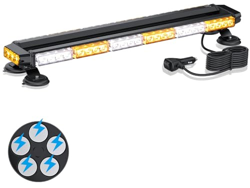 eSynic Magnetic Flashing Beacon Lights 28.2'' 54 LEDs Strobe Flashing Light Bar IP65 Waterproof White&Amber Roof Top LED Emergency Warning Light 12/24V with 27 Flash Modes for Vehicles Car Truck etc
