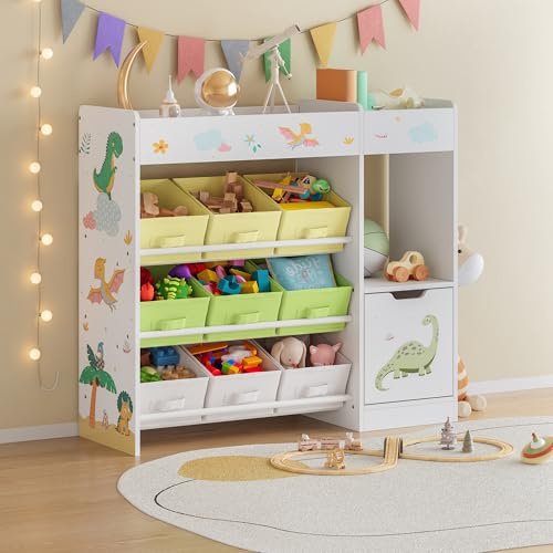 [en.casa] Scaffale per Cameretta con 9 Scatole Pieghevoli Porta Giocattoli Scomparto Chiuso con Anta e Ripiano Mobile Contenitore a Misura di Bimbi - Design Dinosauro - Verde/Giallo