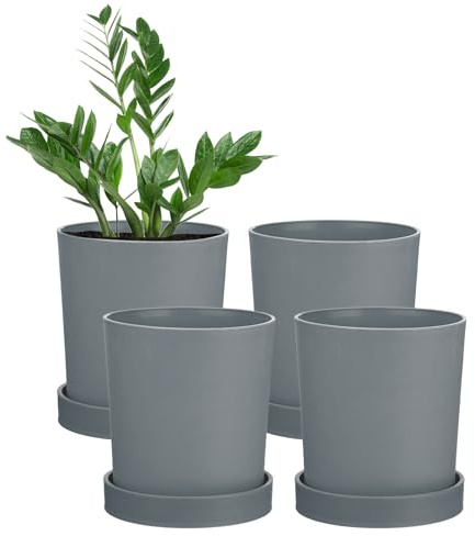 M METERXITY 4-Pack Plant Pots 4.5 inch Plastic for Indoor Plants, Grey | Drainage Holes, Flower Pots, Planters, Cactus, Succulents, Home, Garden, Small