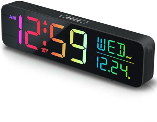 Peakeep Digitaler Wecker für Schlafzimmer, Datum, Wochentag, große Anzeige, Zahlen, 6 Helligkeitsdimmer, 5 Lautstärken laut für schwere Schläfer, 8 RGB-Farben, elektrische Schreibtischuhr