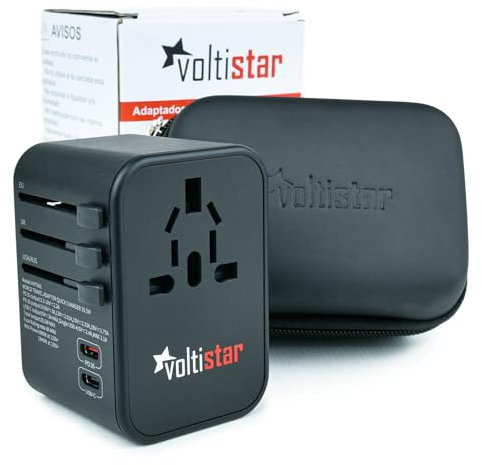 Voltistar Adaptador Universal con Estuche de Viaje PD20 W 2 USB 1 USB C y 1 CA Enchufe Cargador Múltiple Corriente International para América Asia Europa y Todo el Mundo Plug Adapter All in One